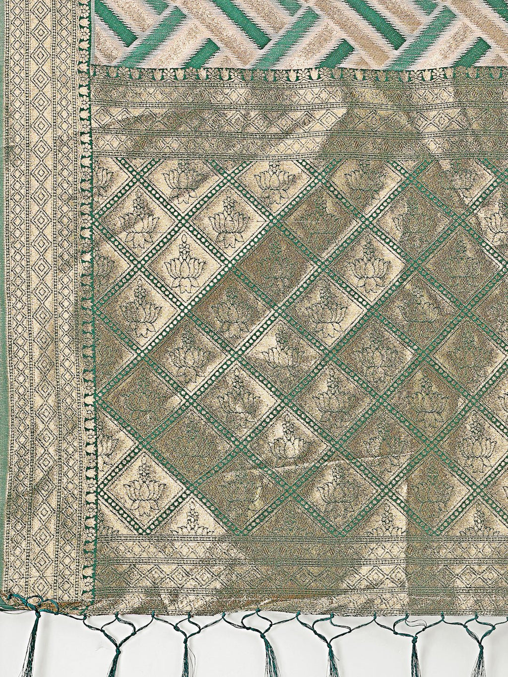 Shree Shyam Fashion Elegant Green & Cream Linen Saree with Geometric Design and Zari Border - Festive & Party Wear
