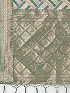 Shree Shyam Fashion Elegant Green & Cream Linen Saree with Geometric Design and Zari Border - Festive & Party Wear