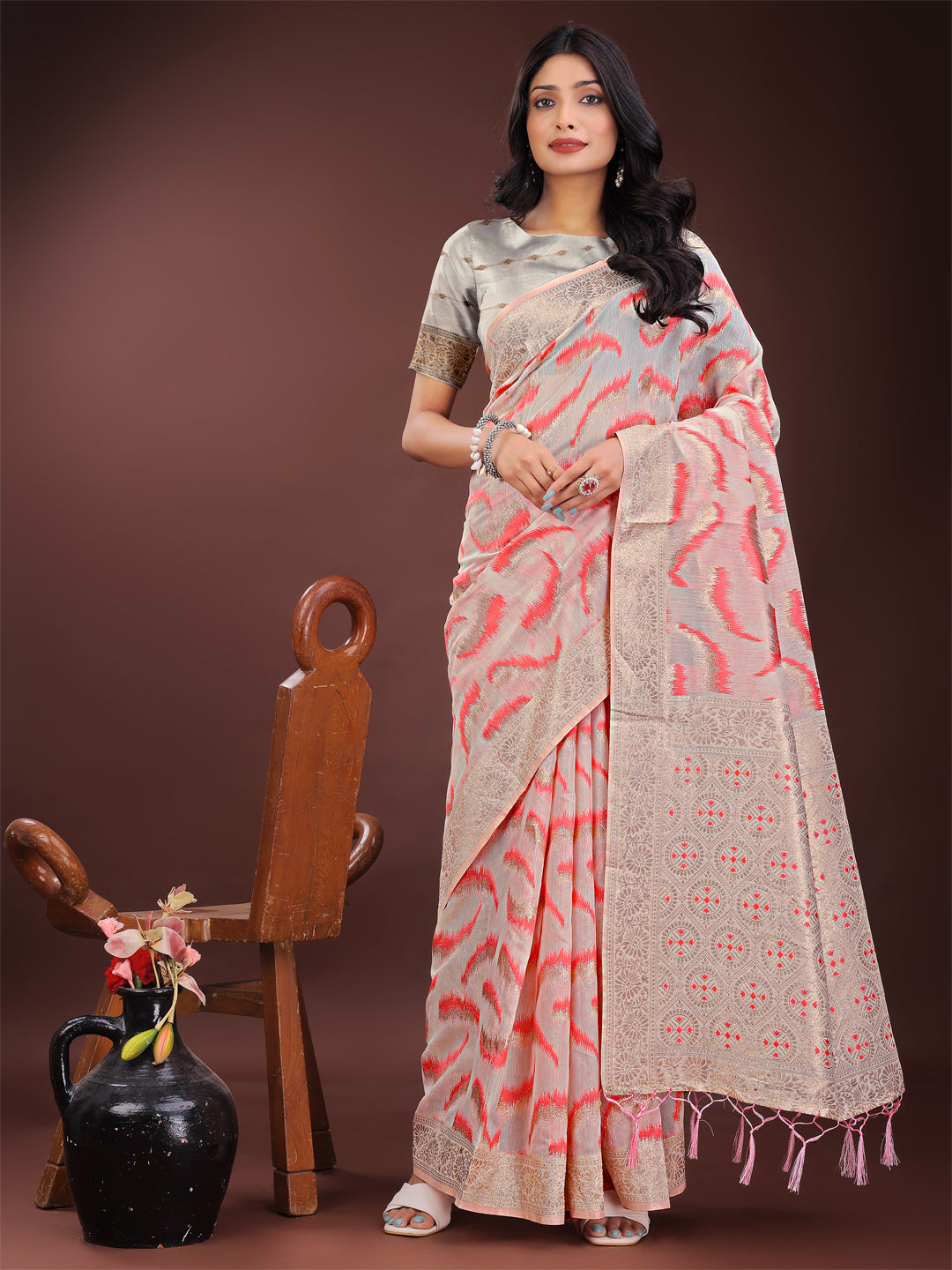 Shree Shyam Fashion Elegant Beige & Coral Linen Saree with Zari Border and Abstract Pattern - Premium Festive & Office Wear