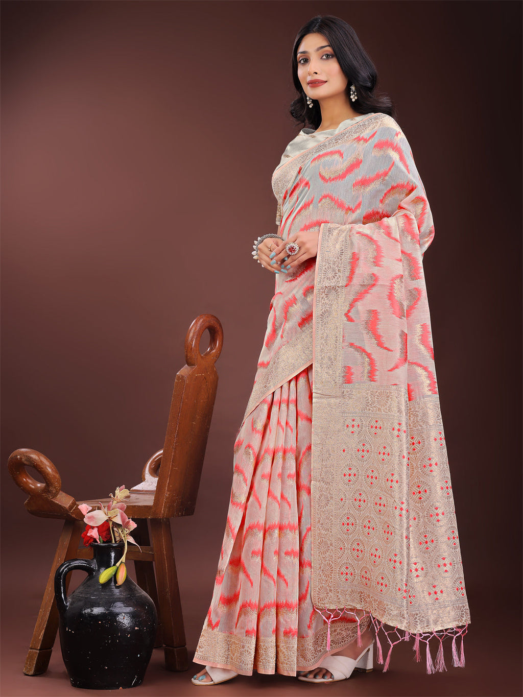 Shree Shyam Fashion Elegant Beige & Coral Linen Saree with Zari Border and Abstract Pattern - Premium Festive & Office Wear