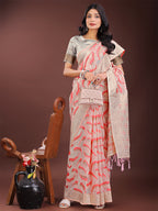 Shree Shyam Fashion Elegant Beige & Coral Linen Saree with Zari Border and Abstract Pattern - Premium Festive & Office Wear