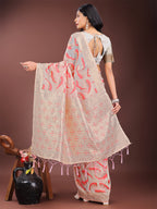 Shree Shyam Fashion Elegant Beige & Coral Linen Saree with Zari Border and Abstract Pattern - Premium Festive & Office Wear
