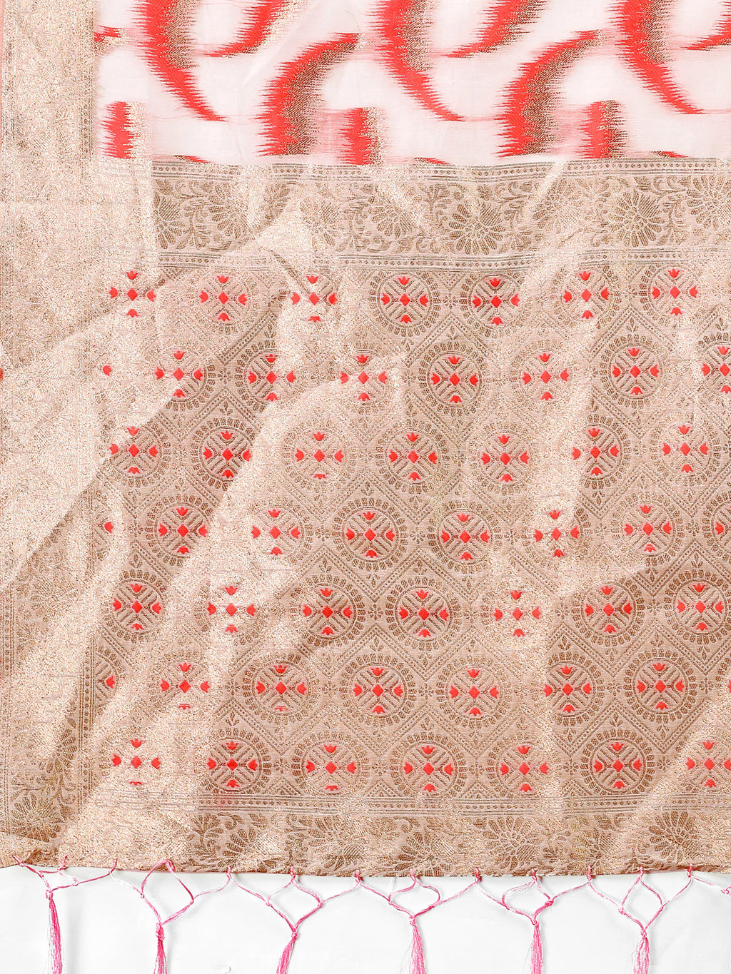 Shree Shyam Fashion Elegant Beige & Coral Linen Saree with Zari Border and Abstract Pattern - Premium Festive & Office Wear