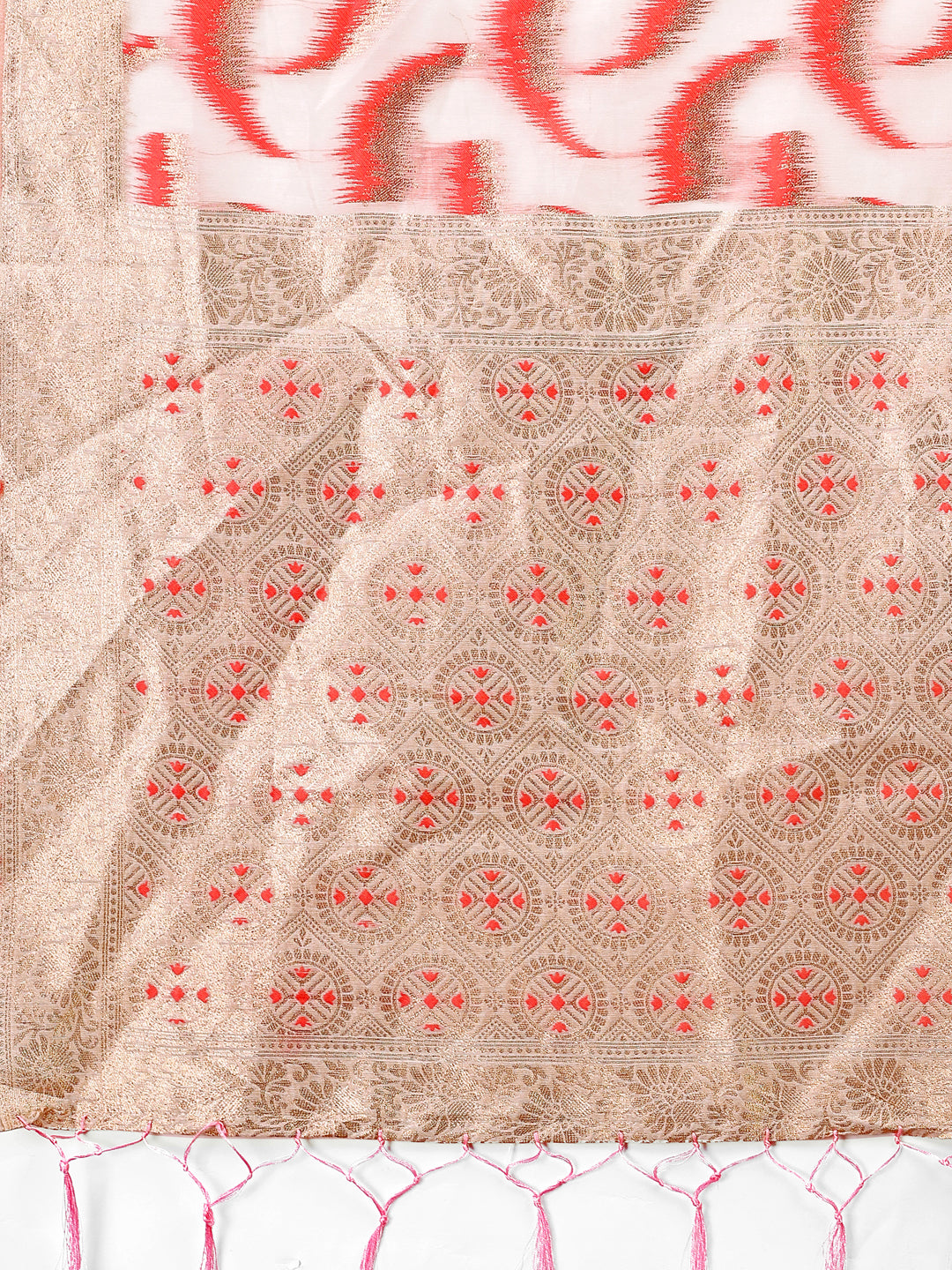 Shree Shyam Fashion Elegant Beige & Coral Linen Saree with Zari Border and Abstract Pattern - Premium Festive & Office Wear