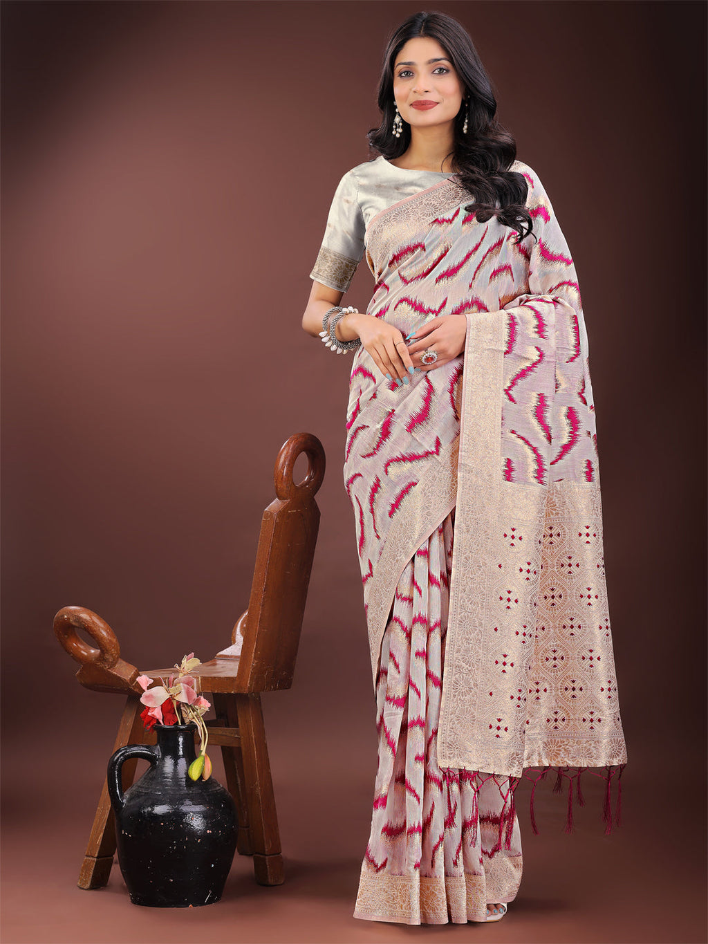 Shree Shyam Fashion Elegant Beige & Coral Linen Saree with Zari Border and Abstract Pattern - Premium Festive & Office Wear