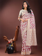 Shree Shyam Fashion Elegant Beige & Coral Linen Saree with Zari Border and Abstract Pattern - Premium Festive & Office Wear