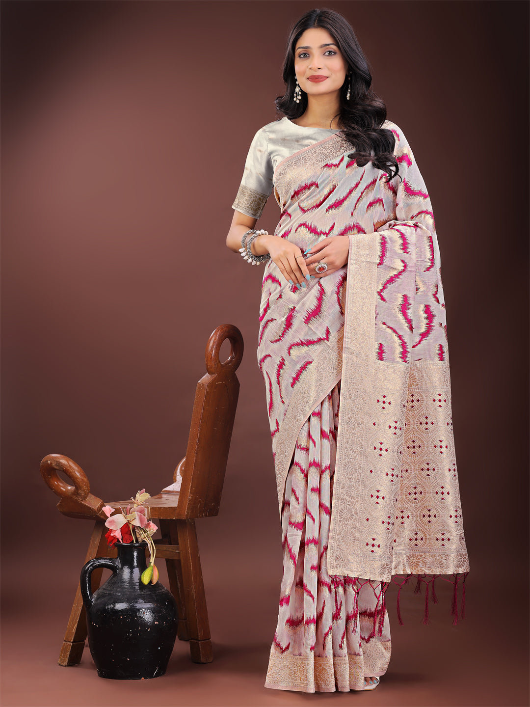 Shree Shyam Fashion Elegant Beige & Coral Linen Saree with Zari Border and Abstract Pattern - Premium Festive & Office Wear