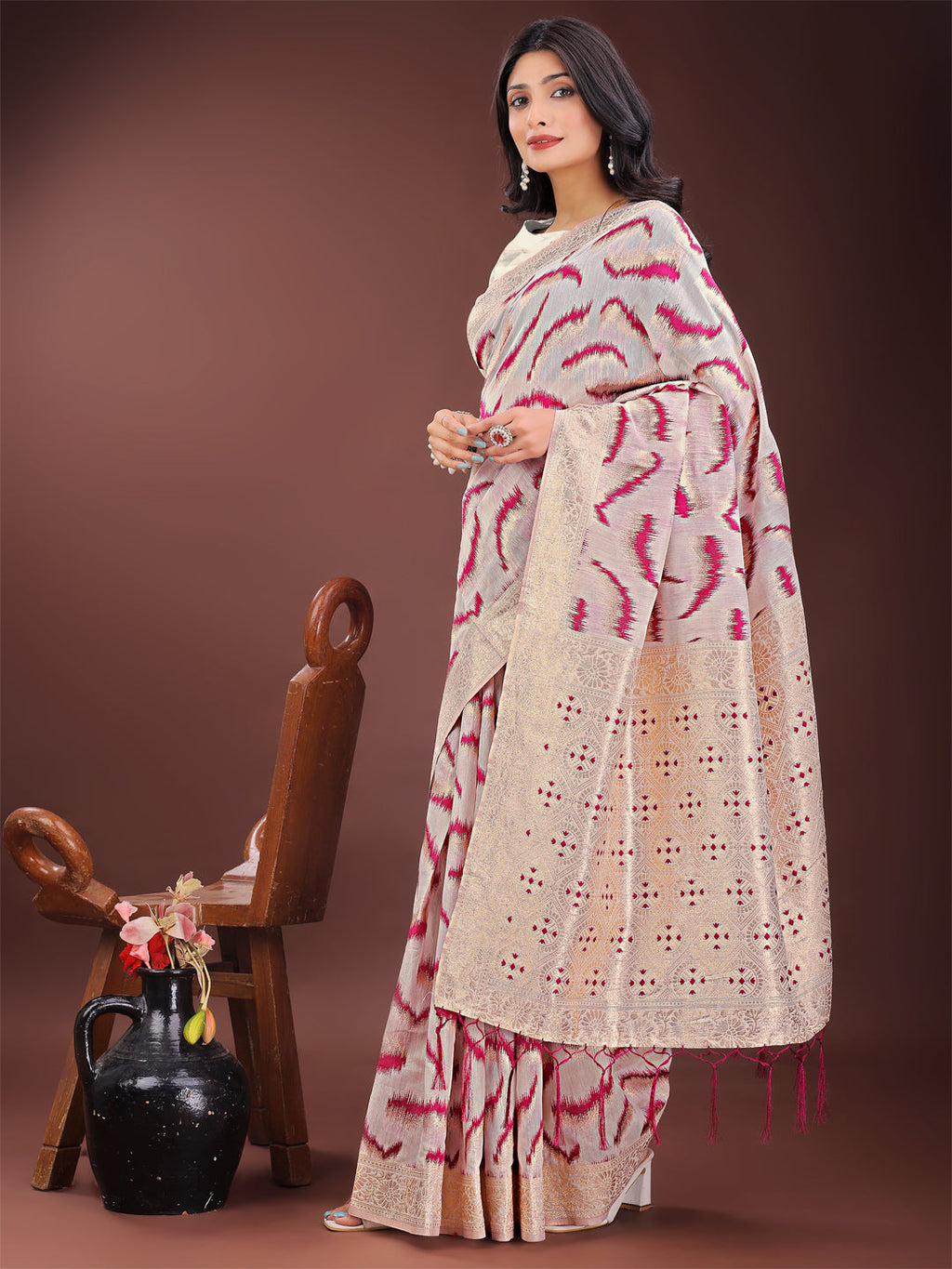 Shree Shyam Fashion Elegant Beige & Coral Linen Saree with Zari Border and Abstract Pattern - Premium Festive & Office Wear