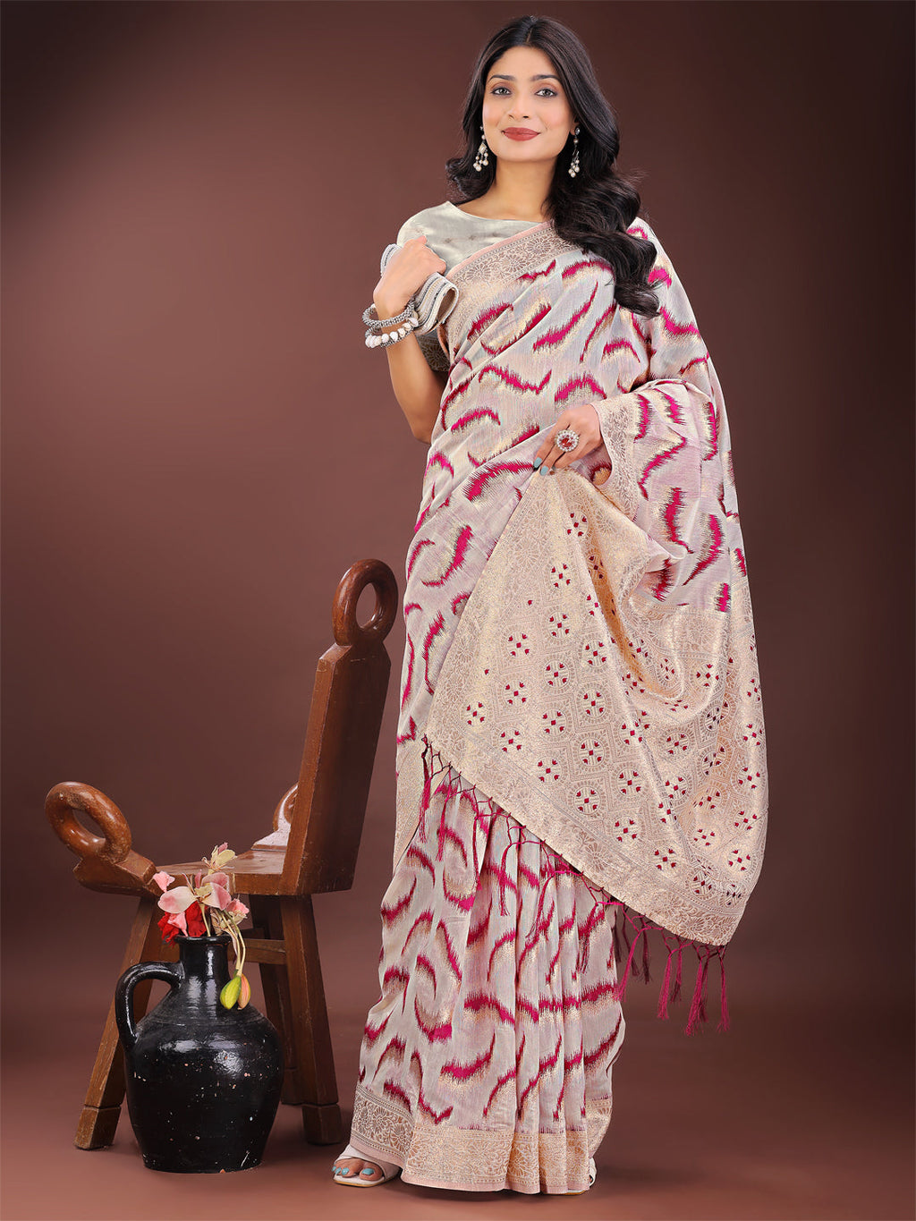 Shree Shyam Fashion Elegant Beige & Coral Linen Saree with Zari Border and Abstract Pattern - Premium Festive & Office Wear