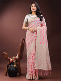 Shree Shyam Fashion Elegant Beige & Coral Linen Saree with Zari Border and Abstract Pattern - Premium Festive & Office Wear