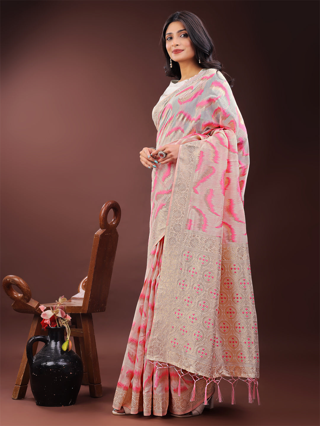 Shree Shyam Fashion Elegant Beige & Coral Linen Saree with Zari Border and Abstract Pattern - Premium Festive & Office Wear