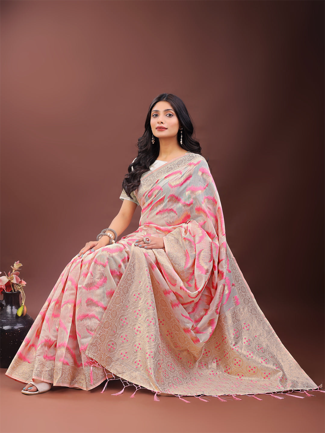 Shree Shyam Fashion Elegant Beige & Coral Linen Saree with Zari Border and Abstract Pattern - Premium Festive & Office Wear