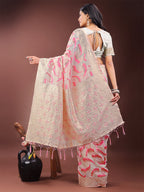 Shree Shyam Fashion Elegant Beige & Coral Linen Saree with Zari Border and Abstract Pattern - Premium Festive & Office Wear