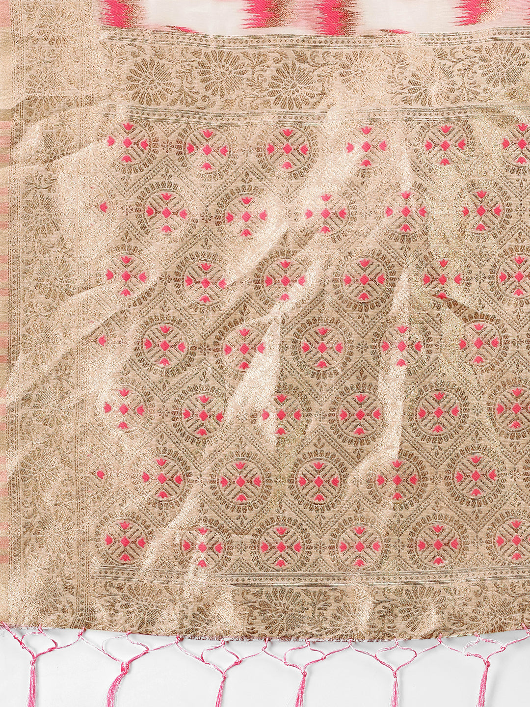 Shree Shyam Fashion Elegant Beige & Coral Linen Saree with Zari Border and Abstract Pattern - Premium Festive & Office Wear