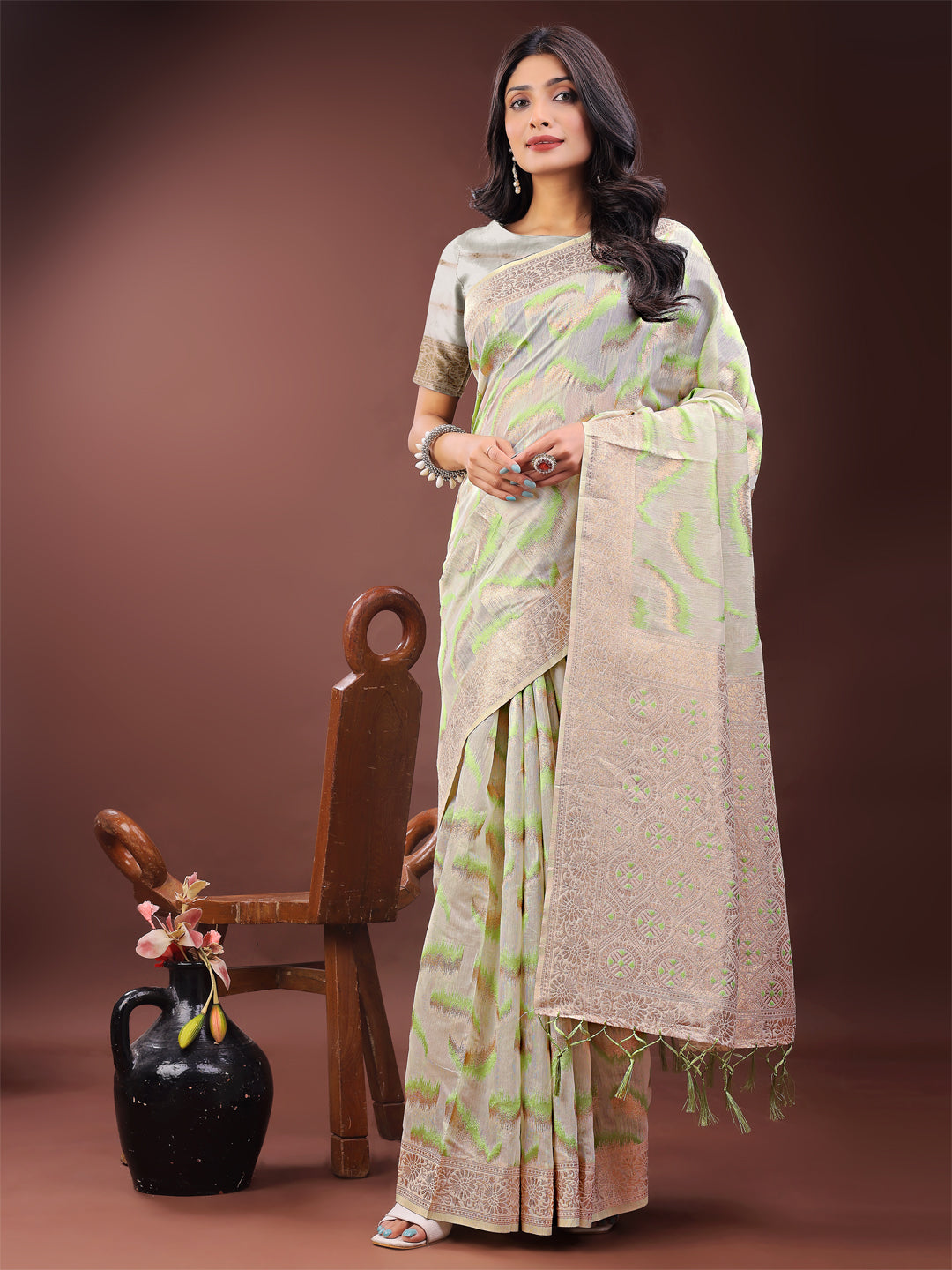 Shree Shyam Fashion Elegant Beige & Coral Linen Saree with Zari Border and Abstract Pattern - Premium Festive & Office Wear