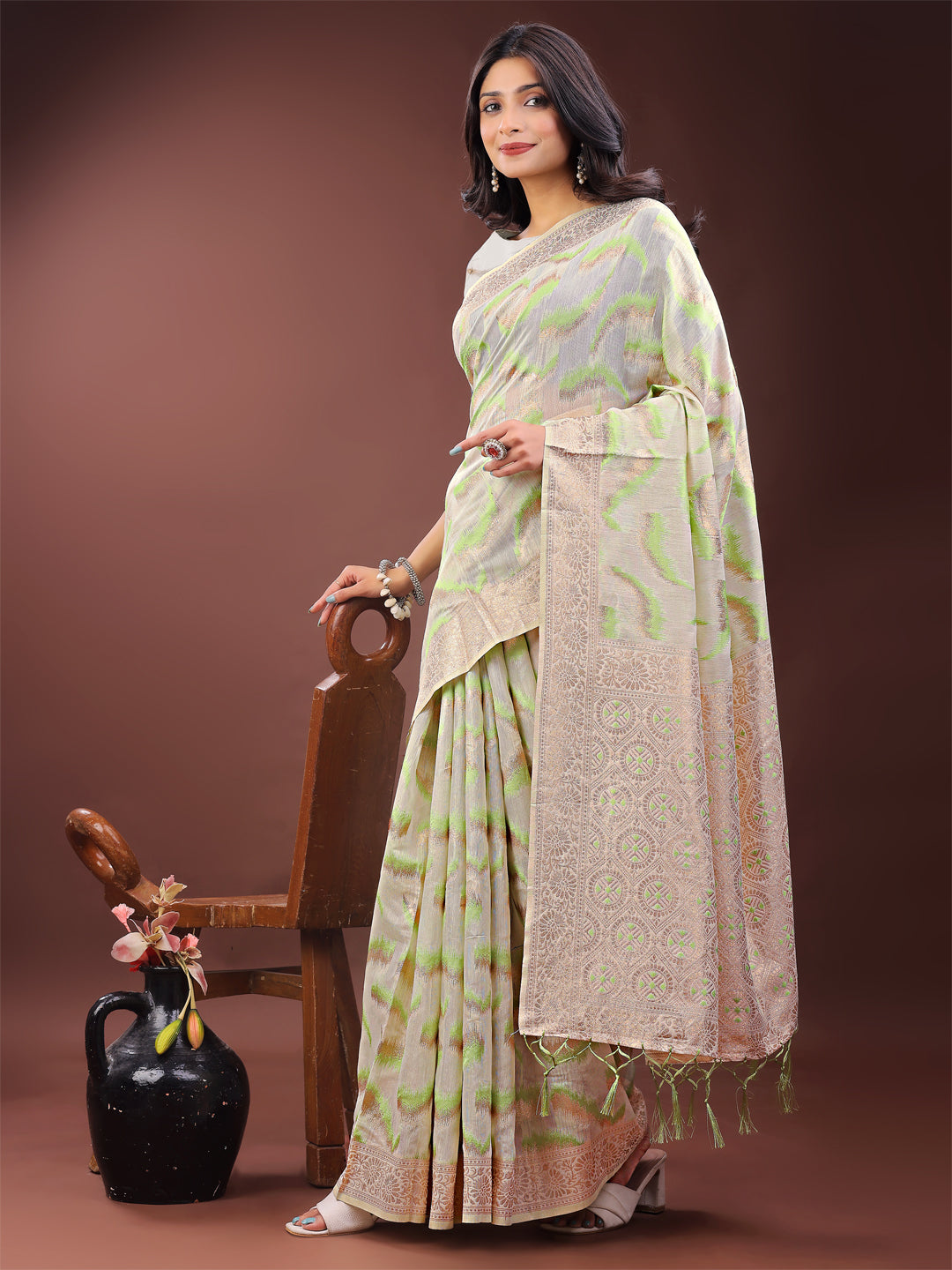 Shree Shyam Fashion Elegant Beige & Coral Linen Saree with Zari Border and Abstract Pattern - Premium Festive & Office Wear