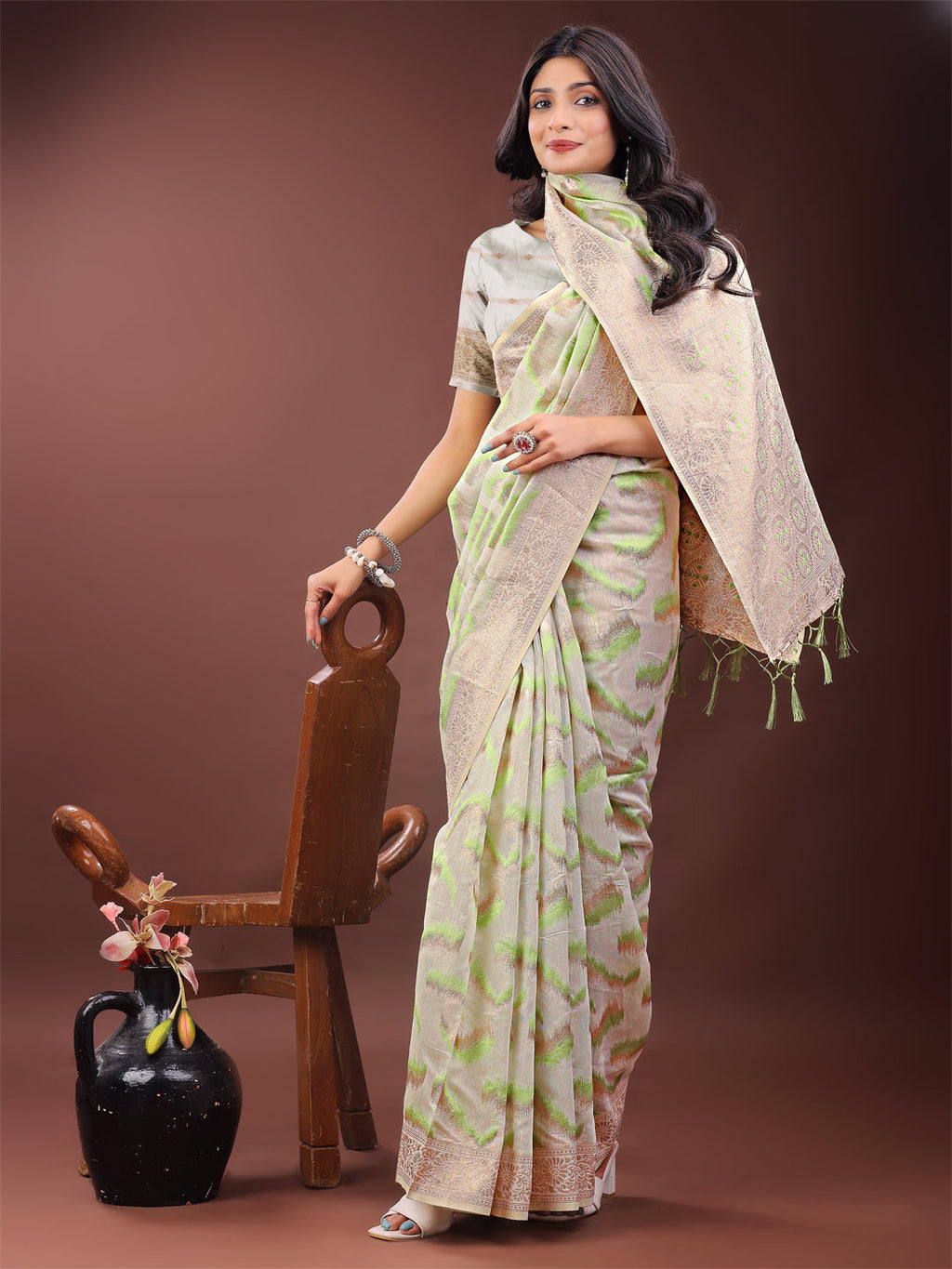Shree Shyam Fashion Elegant Beige & Coral Linen Saree with Zari Border and Abstract Pattern - Premium Festive & Office Wear