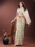 Shree Shyam Fashion Elegant Beige & Coral Linen Saree with Zari Border and Abstract Pattern - Premium Festive & Office Wear