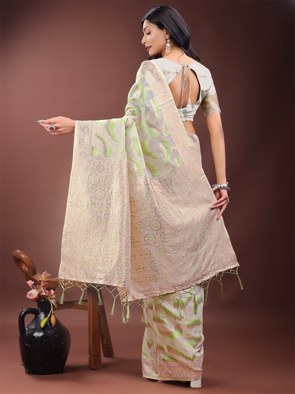 Shree Shyam Fashion Elegant Beige & Coral Linen Saree with Zari Border and Abstract Pattern - Premium Festive & Office Wear