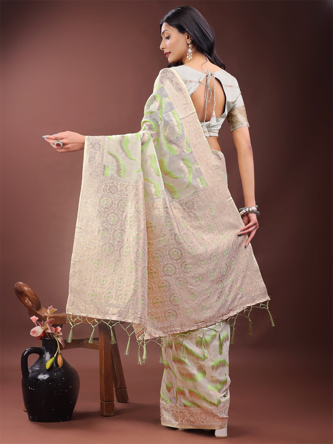 Shree Shyam Fashion Elegant Beige & Coral Linen Saree with Zari Border and Abstract Pattern - Premium Festive & Office Wear