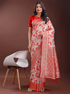 Shree Shyam Fashion Stunning Beige & Red Linen Saree with Floral Print and Rich Zari Pallu - Festive & Traditional Wear