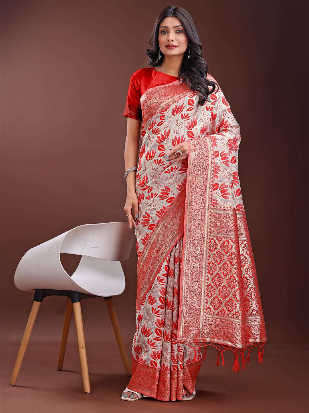 Shree Shyam Fashion Stunning Beige & Red Linen Saree with Floral Print and Rich Zari Pallu - Festive & Traditional Wear