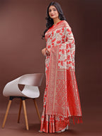 Shree Shyam Fashion Stunning Beige & Red Linen Saree with Floral Print and Rich Zari Pallu - Festive & Traditional Wear