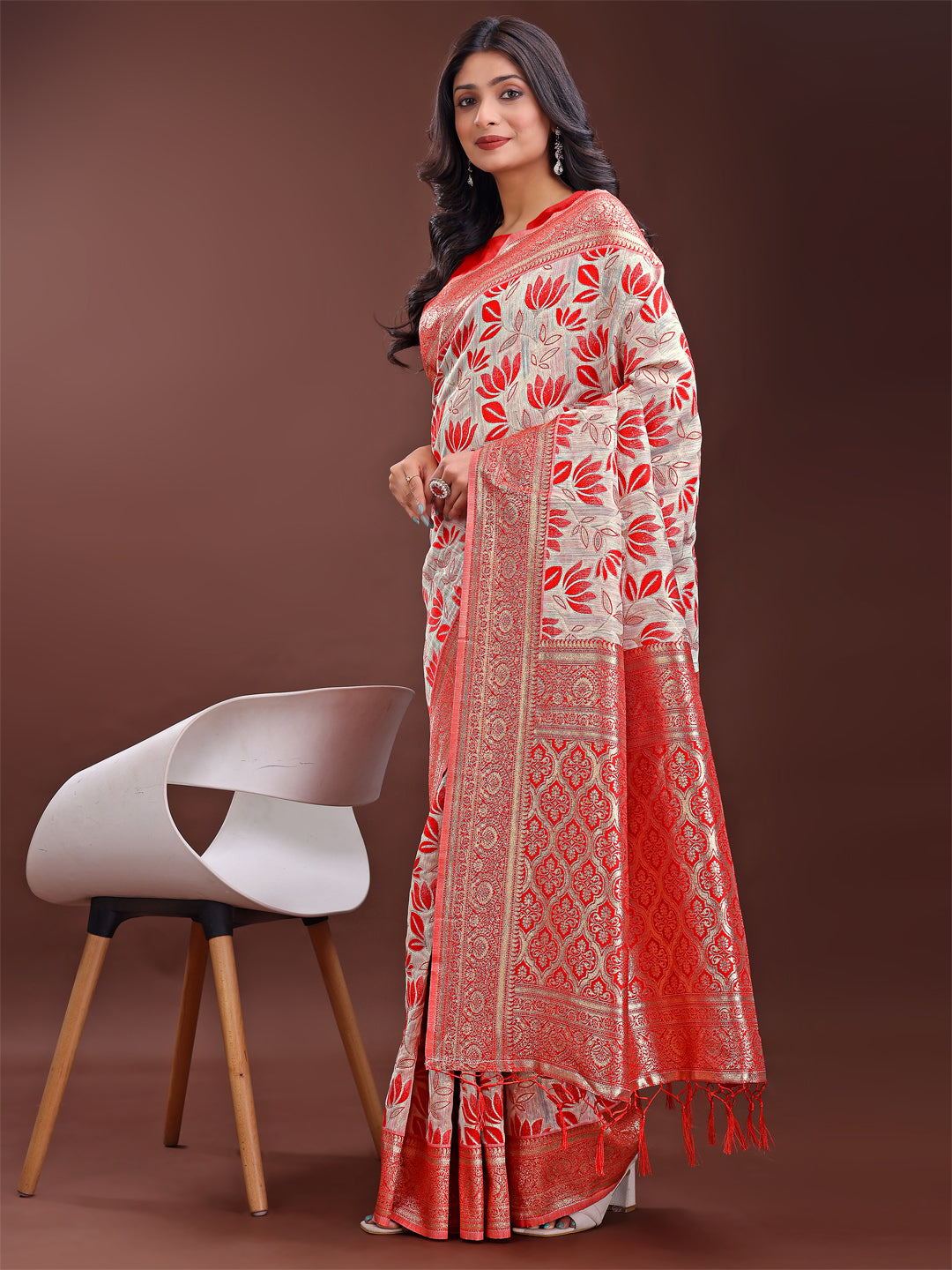 Shree Shyam Fashion Stunning Beige & Red Linen Saree with Floral Print and Rich Zari Pallu - Festive & Traditional Wear