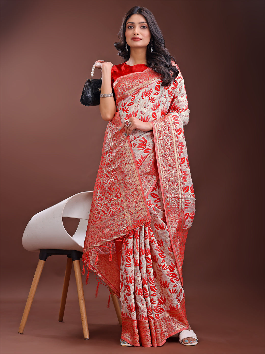 Shree Shyam Fashion Stunning Beige & Red Linen Saree with Floral Print and Rich Zari Pallu - Festive & Traditional Wear