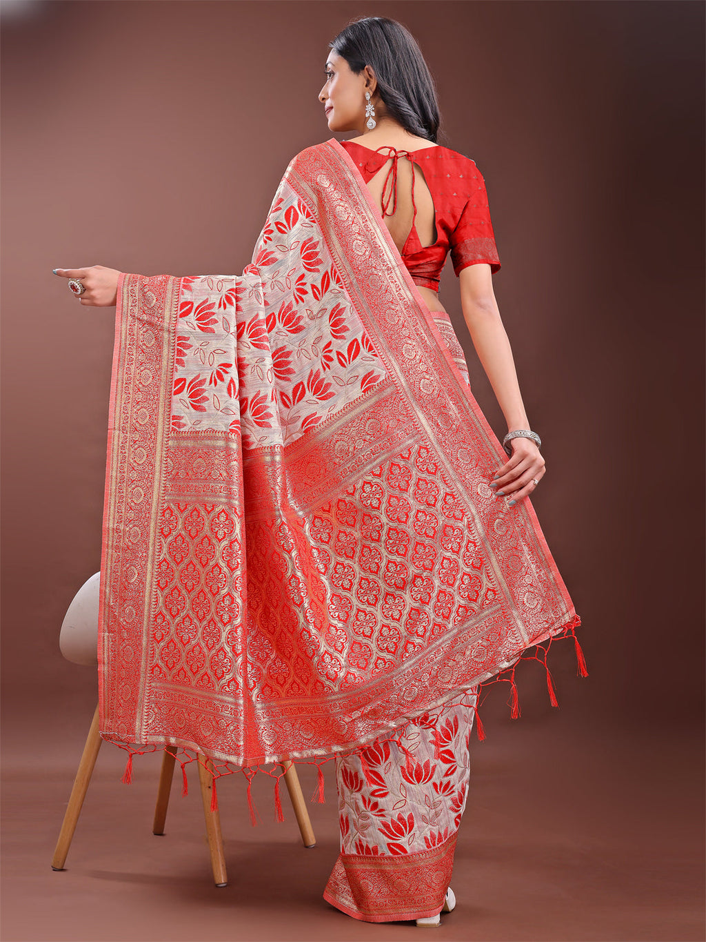 Shree Shyam Fashion Stunning Beige & Red Linen Saree with Floral Print and Rich Zari Pallu - Festive & Traditional Wear