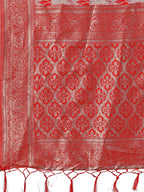 Shree Shyam Fashion Stunning Beige & Red Linen Saree with Floral Print and Rich Zari Pallu - Festive & Traditional Wear