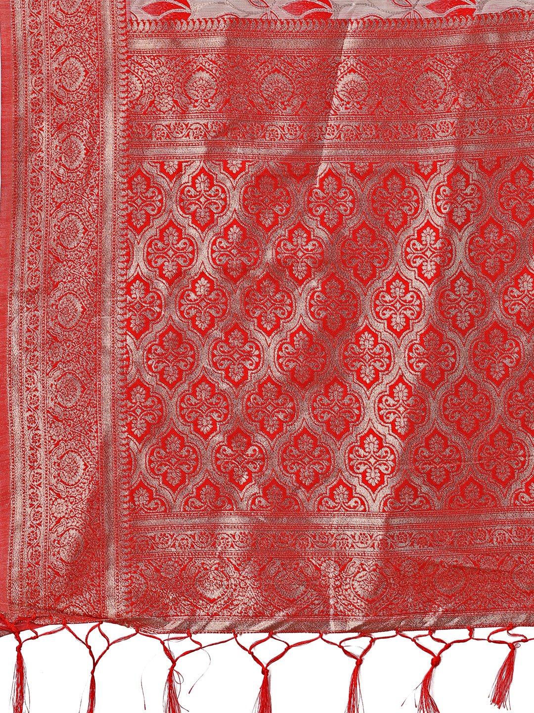 Shree Shyam Fashion Stunning Beige & Red Linen Saree with Floral Print and Rich Zari Pallu - Festive & Traditional Wear