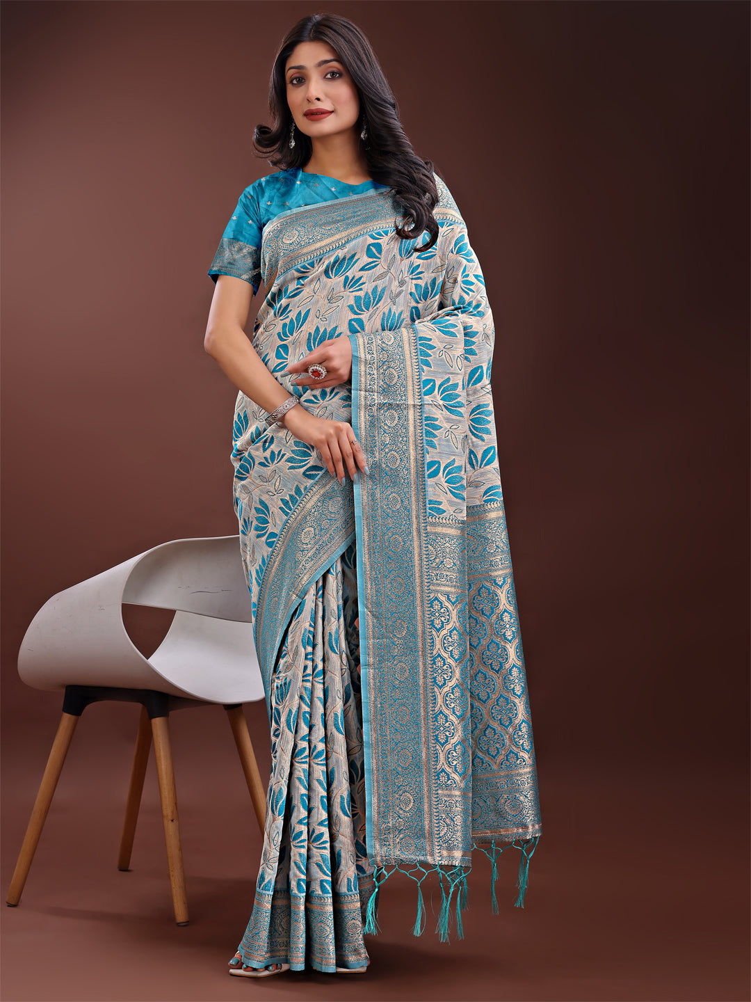 Shree Shyam Fashion Stunning Beige & Sea Green Linen Saree with Floral Print and Rich Zari Pallu - Festive & Traditional Wear