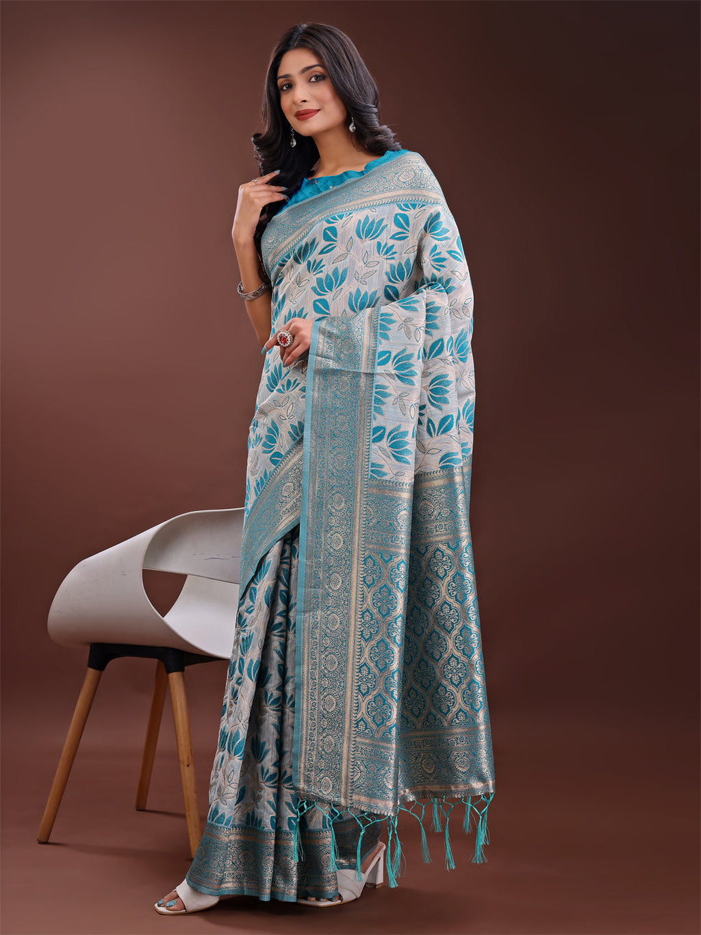 Shree Shyam Fashion Stunning Beige & Sea Green Linen Saree with Floral Print and Rich Zari Pallu - Festive & Traditional Wear