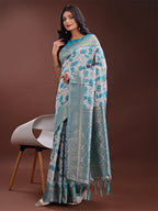 Shree Shyam Fashion Stunning Beige & Sea Green Linen Saree with Floral Print and Rich Zari Pallu - Festive & Traditional Wear