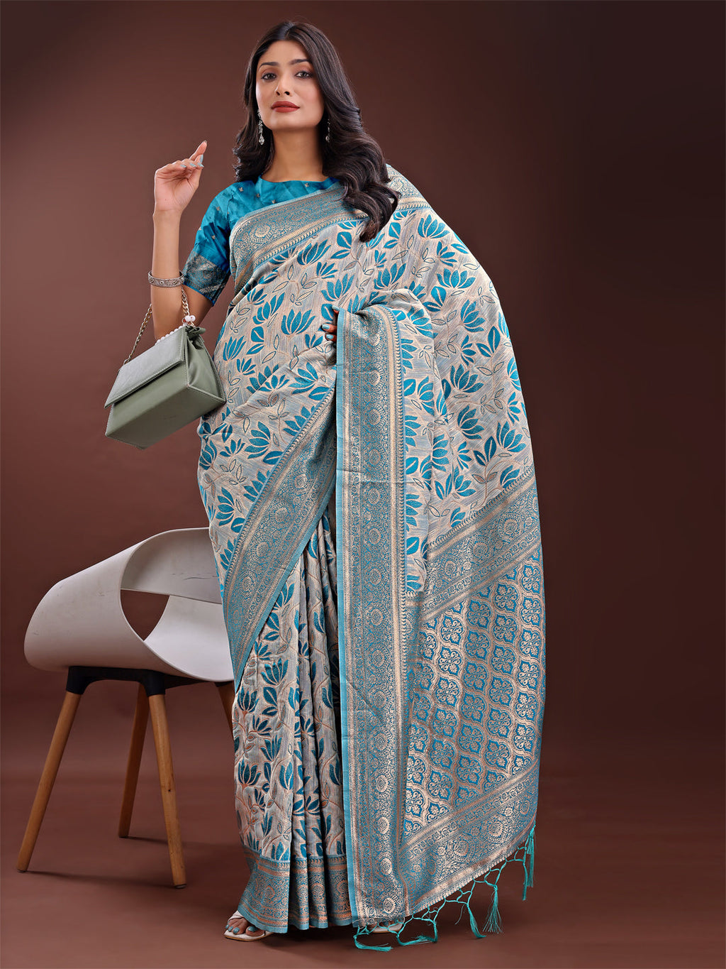 Shree Shyam Fashion Stunning Beige & Sea Green Linen Saree with Floral Print and Rich Zari Pallu - Festive & Traditional Wear