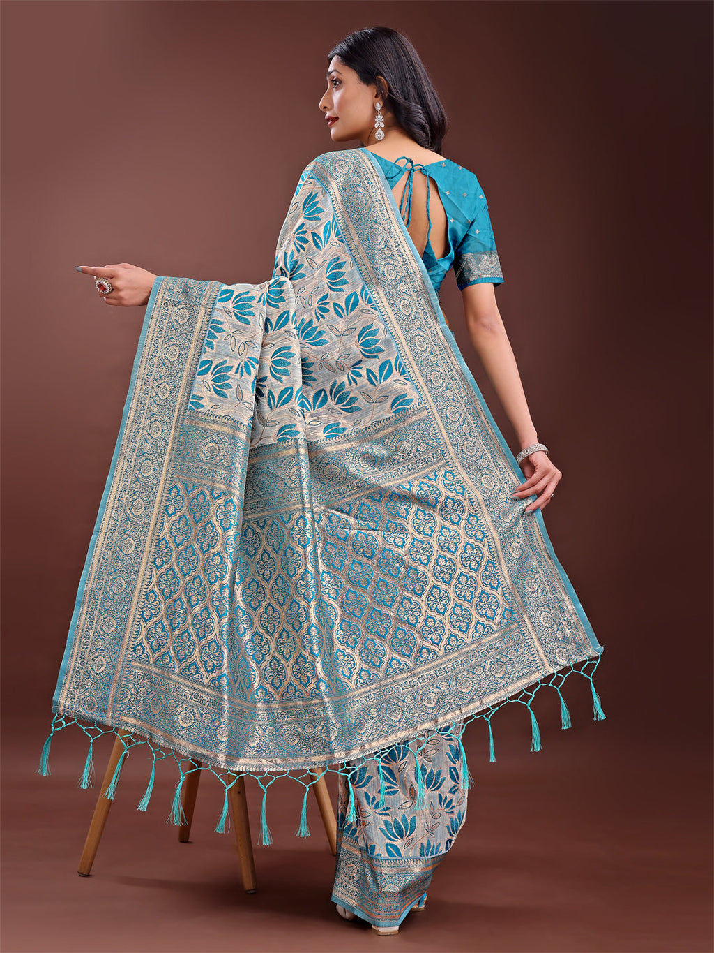 Shree Shyam Fashion Stunning Beige & Sea Green Linen Saree with Floral Print and Rich Zari Pallu - Festive & Traditional Wear