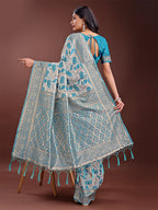 Shree Shyam Fashion Stunning Beige & Sea Green Linen Saree with Floral Print and Rich Zari Pallu - Festive & Traditional Wear
