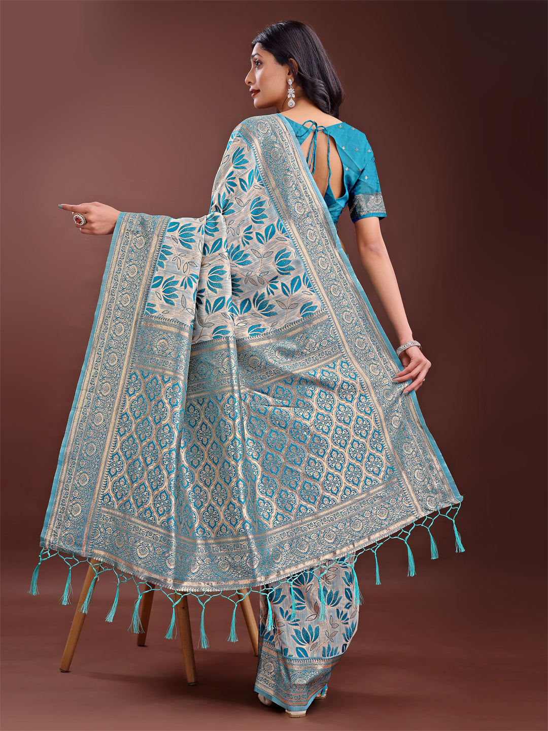 Shree Shyam Fashion Stunning Beige & Sea Green Linen Saree with Floral Print and Rich Zari Pallu - Festive & Traditional Wear