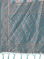Shree Shyam Fashion Stunning Beige & Sea Green Linen Saree with Floral Print and Rich Zari Pallu - Festive & Traditional Wear