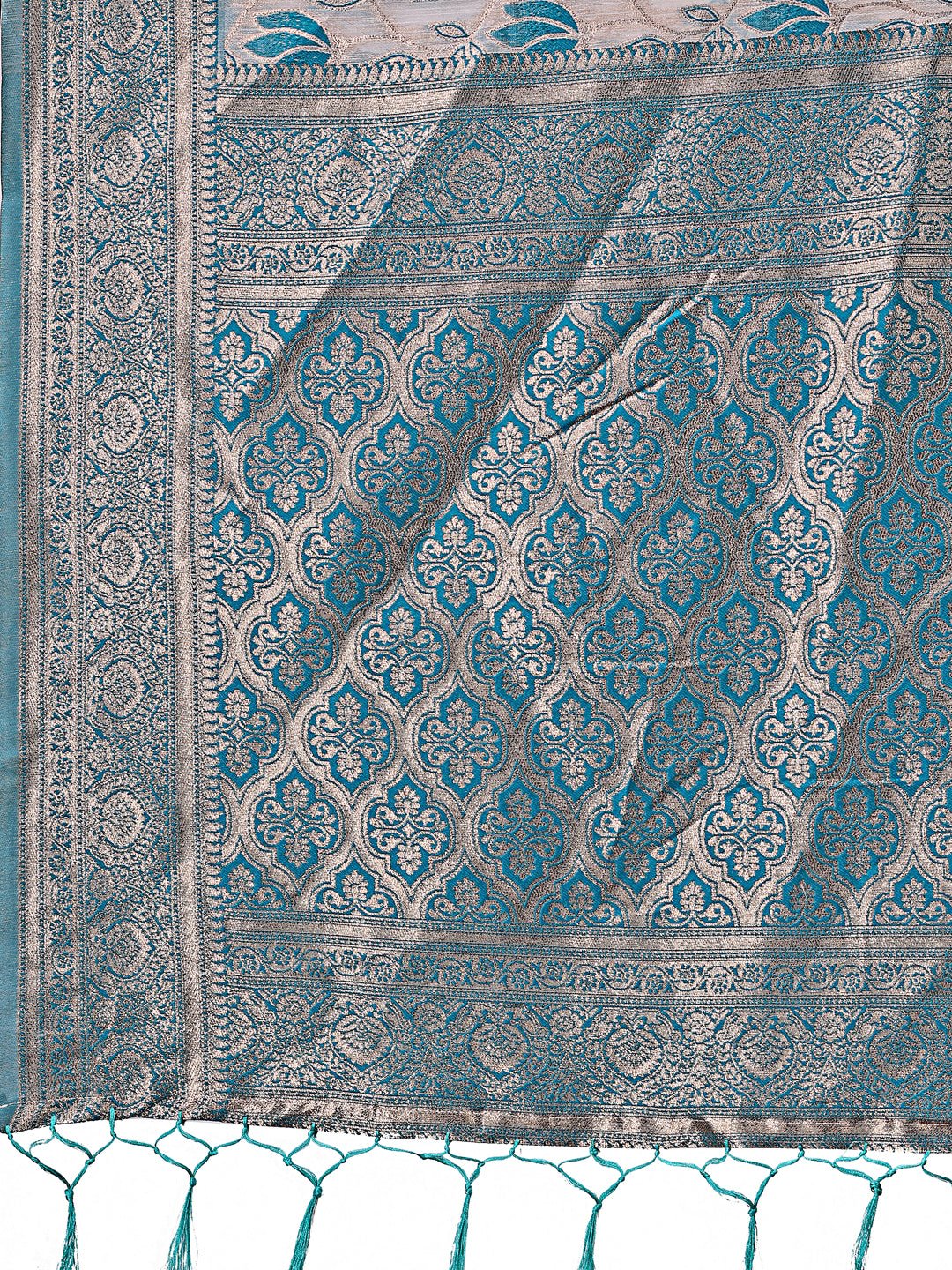 Shree Shyam Fashion Stunning Beige & Sea Green Linen Saree with Floral Print and Rich Zari Pallu - Festive & Traditional Wear