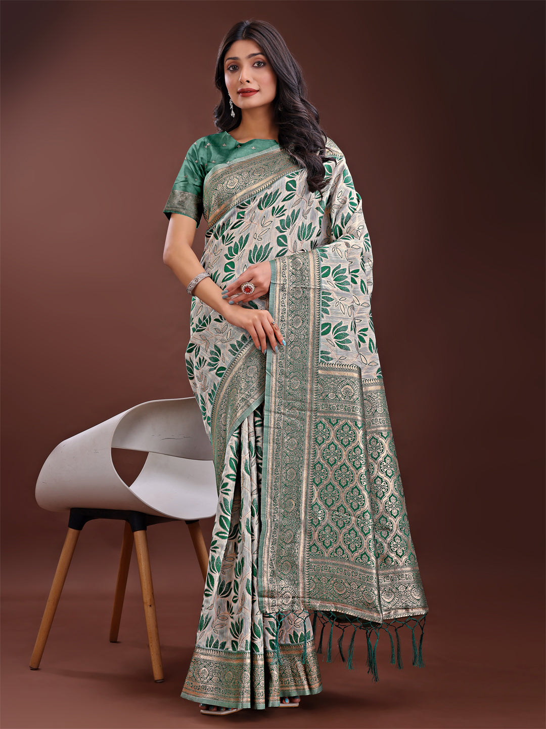 Shree Shyam Fashion Stunning Beige & Green Linen Saree with Floral Print and Rich Zari Pallu - Festive & Traditional Wear