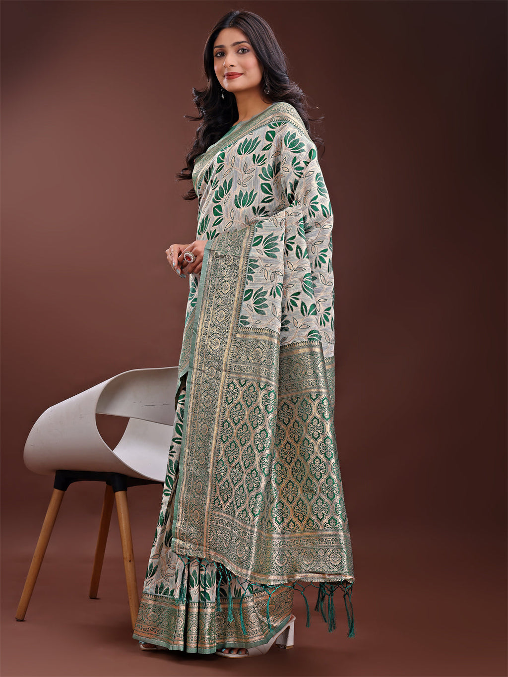 Shree Shyam Fashion Stunning Beige & Green Linen Saree with Floral Print and Rich Zari Pallu - Festive & Traditional Wear