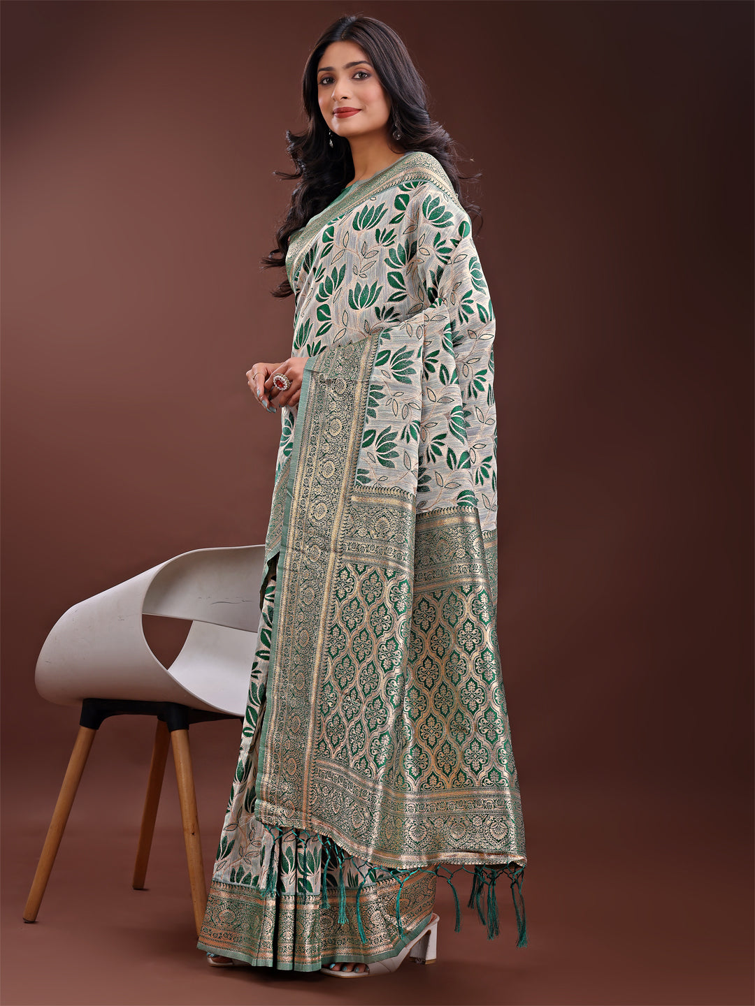 Shree Shyam Fashion Stunning Beige & Green Linen Saree with Floral Print and Rich Zari Pallu - Festive & Traditional Wear