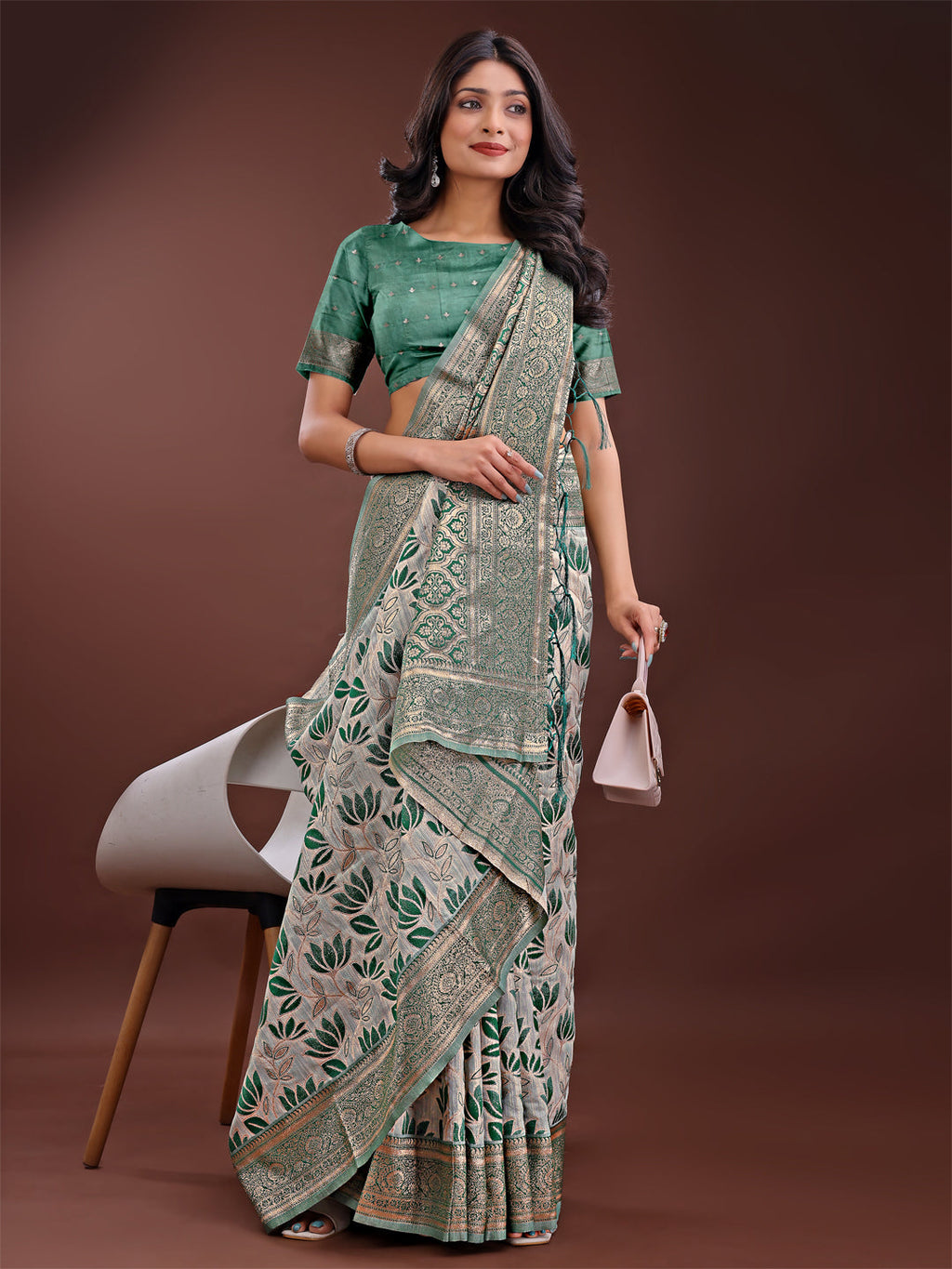 Shree Shyam Fashion Stunning Beige & Green Linen Saree with Floral Print and Rich Zari Pallu - Festive & Traditional Wear