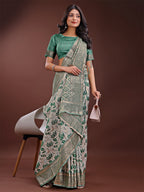 Shree Shyam Fashion Stunning Beige & Green Linen Saree with Floral Print and Rich Zari Pallu - Festive & Traditional Wear