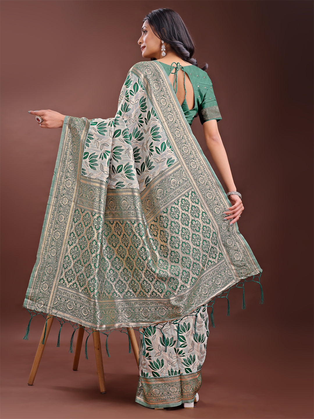 Shree Shyam Fashion Stunning Beige & Green Linen Saree with Floral Print and Rich Zari Pallu - Festive & Traditional Wear