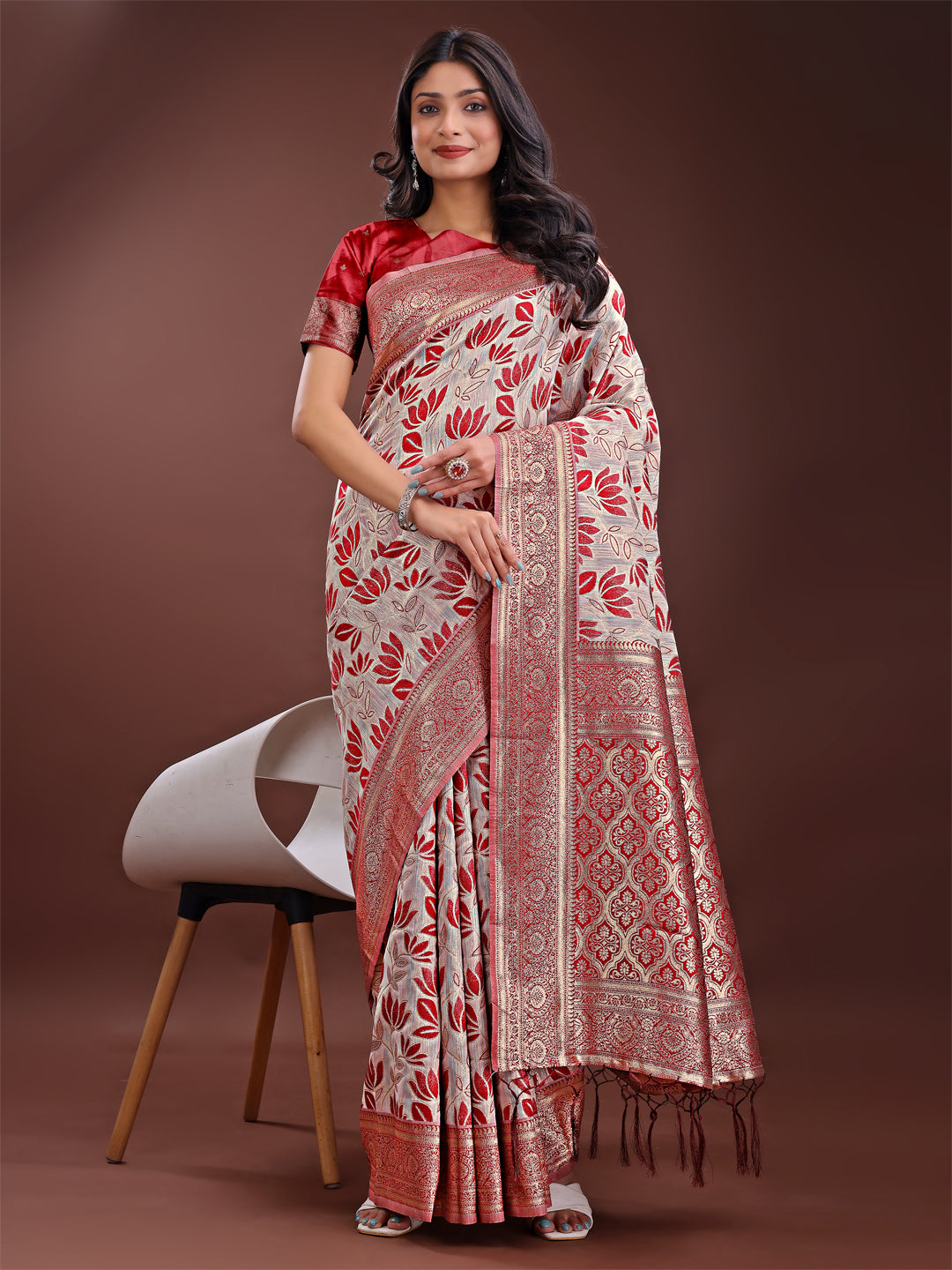Shree Shyam Fashion Stunning Beige & Red Linen Saree with Floral Print and Rich Zari Pallu - Festive & Traditional Wear