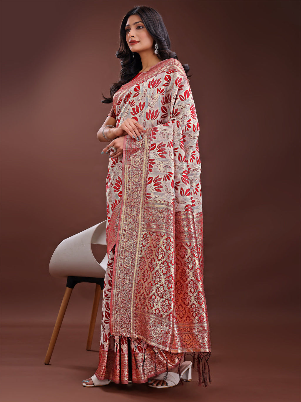 Shree Shyam Fashion Stunning Beige & Red Linen Saree with Floral Print and Rich Zari Pallu - Festive & Traditional Wear