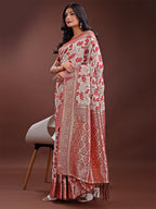 Shree Shyam Fashion Stunning Beige & Red Linen Saree with Floral Print and Rich Zari Pallu - Festive & Traditional Wear